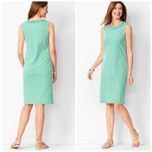 Talbots Dress Shift Women Large Green Ruffle Pleat Neck Sleeveless Stretch
